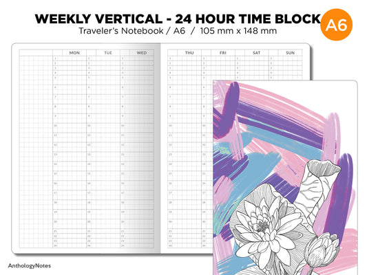 A6 Size 24 Hour TIME BLOCK Weekly VERTICAL  Printable Traveler's Notebook Insert