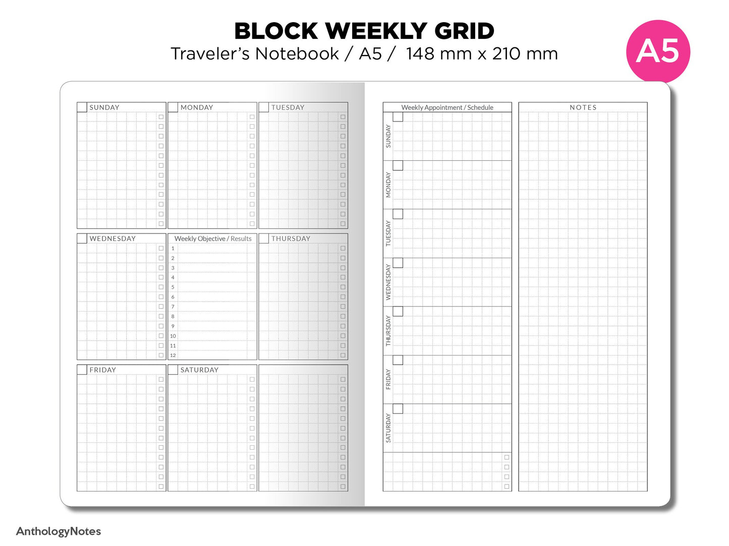 TN A5 Unique Weekly BLOCK GRID Printable Traveler's Notebook Insert