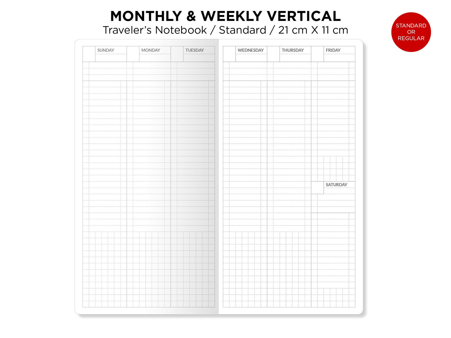 Weekly VERTICAL & Monthly Planner Undated Traveler's Notebook Printable Insert Refill - Standard Size - Minimalist Sunday or Monday Start
