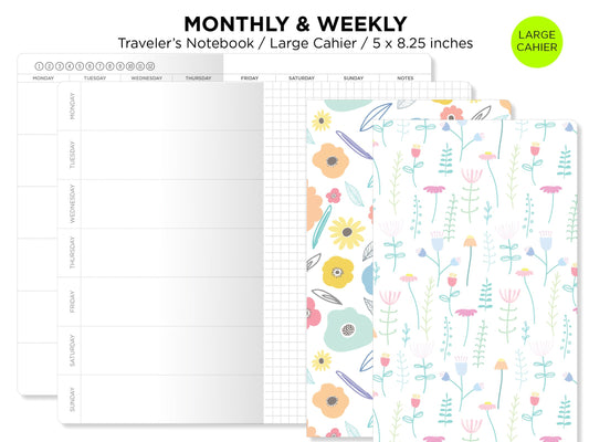 Monthly Weekly Horizontal GRID Traveler's Notebook CAHIER Size Printable Insert  Mo2P Wo2P Grid Undated