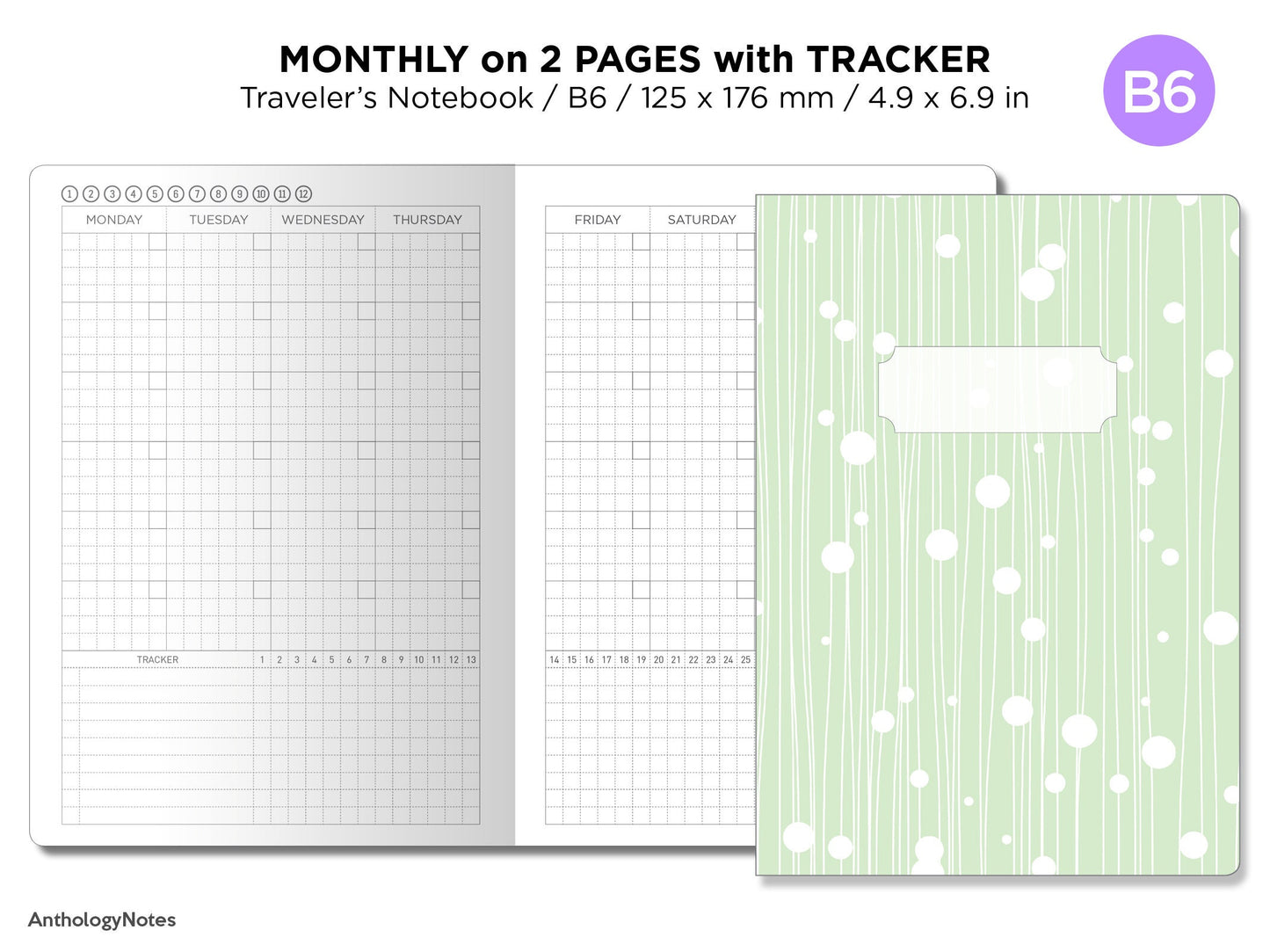 B6 Monthly View Tracker GRID Traveler's Notebook Printable Insert