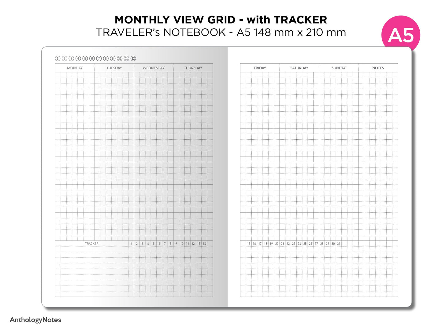 A5 Monthly View Tracker GRID Traveler's Notebook Printable Insert Mo2P A5022