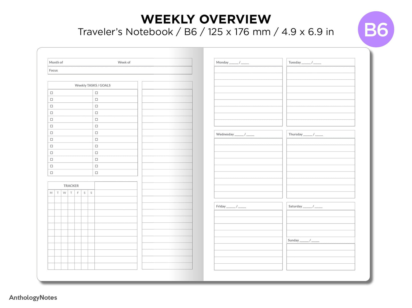 B6 Weekly View Summary Traveler's Notebook Printable Insert Minimalist