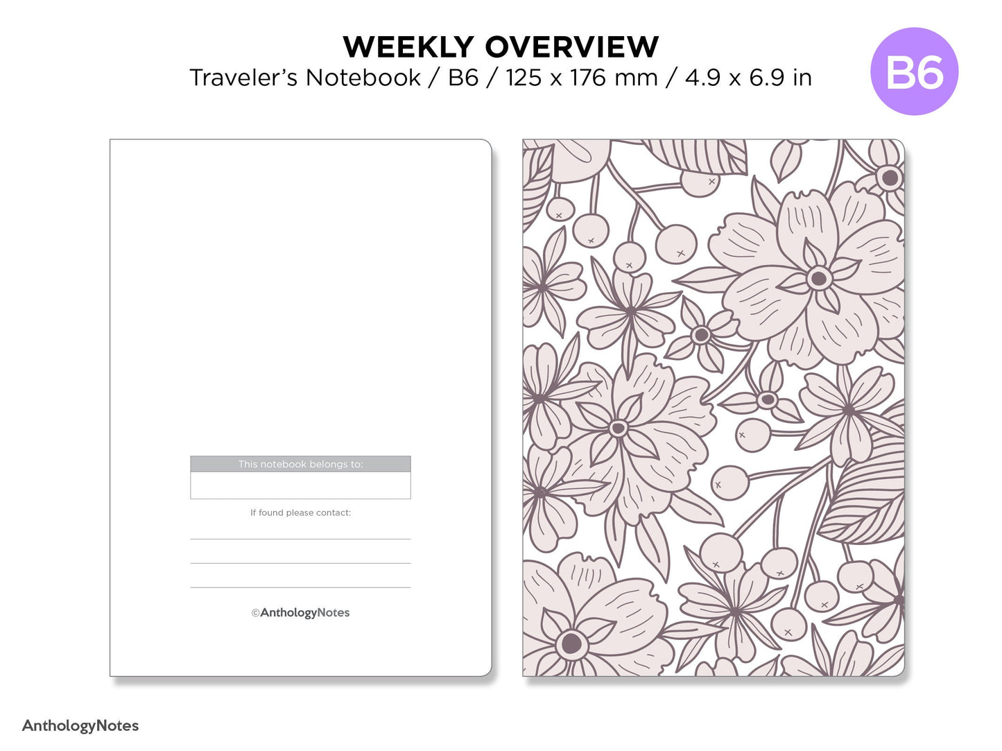 B6 Weekly View Summary Traveler's Notebook Printable Insert Minimalist