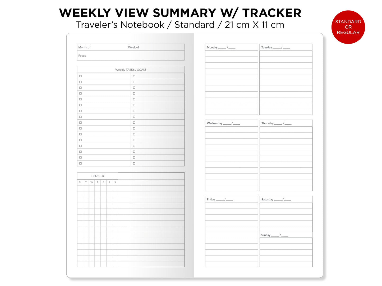 Standard TN WEEKLY View Summary Printable Insert Traveler's Notebook with Tasks, Tracker
