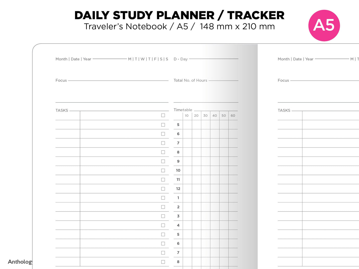 A5 TN DAILY STUDY Planner Tracker Printable Insert Traveler's Notebook A5024