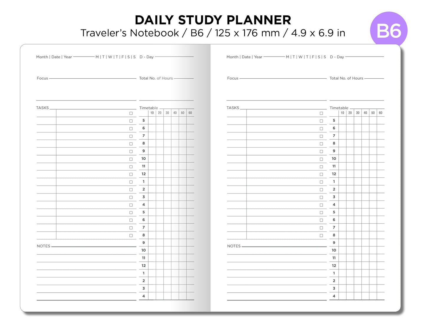 10 Minute STUDY Planner B6 TN Daily Traveler's Notebook Printable Minimalist B6050