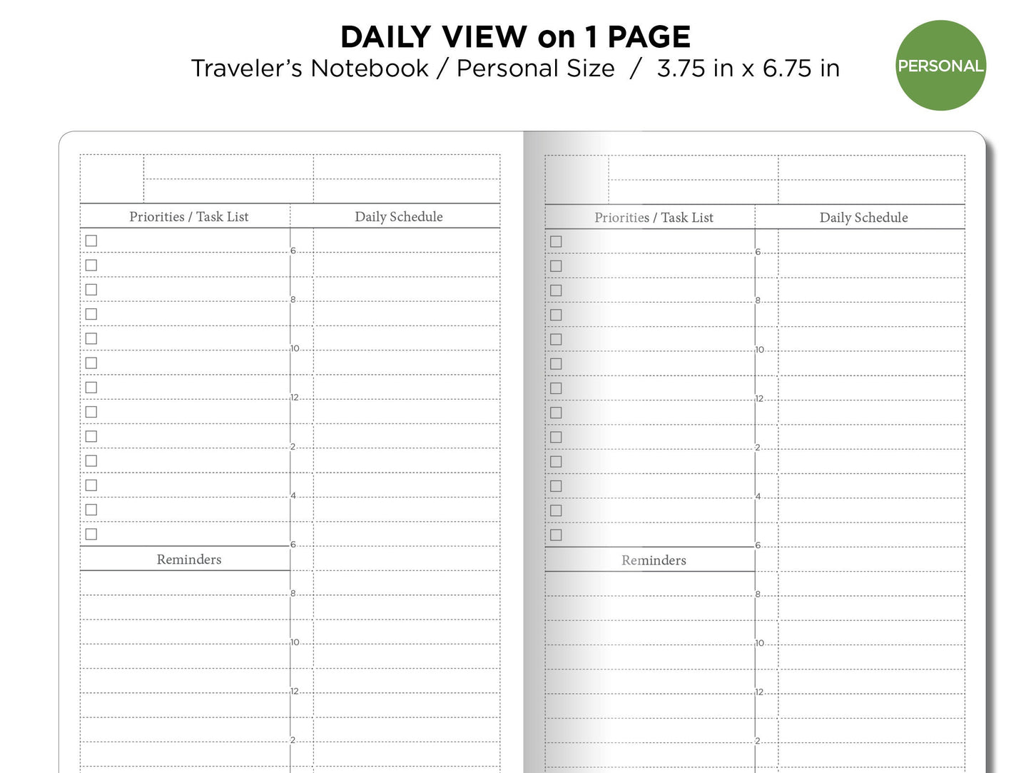 TN Personal Size DAILY VIEW Printable Insert Traveler's Notebook Do1P