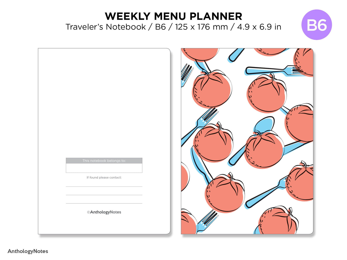 B6 TN Menu Planner Weekly Minimalist Printable Traveler's Notebook Insert GRID