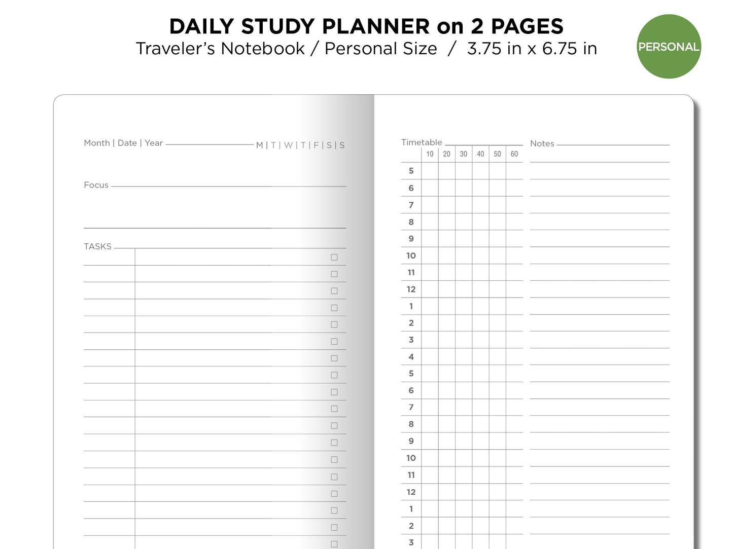 STUDY Planner Daily View on 2 Pages PERSONAL Size Traveler's Notebook Printable Planner Insert