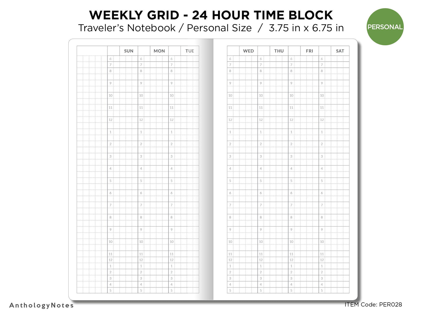 TN Personal Size TIME BLOCK Weekly VERTICAL Printable Traveler's Notebook Insert