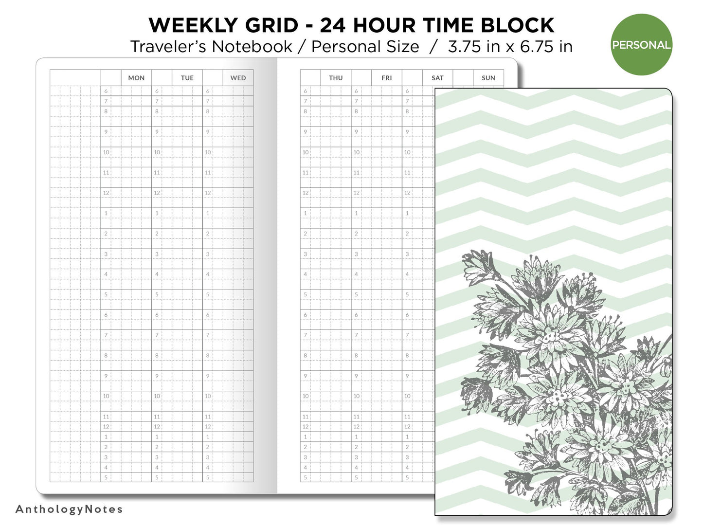 TN Personal Size TIME BLOCK Weekly VERTICAL Printable Traveler's Notebook Insert