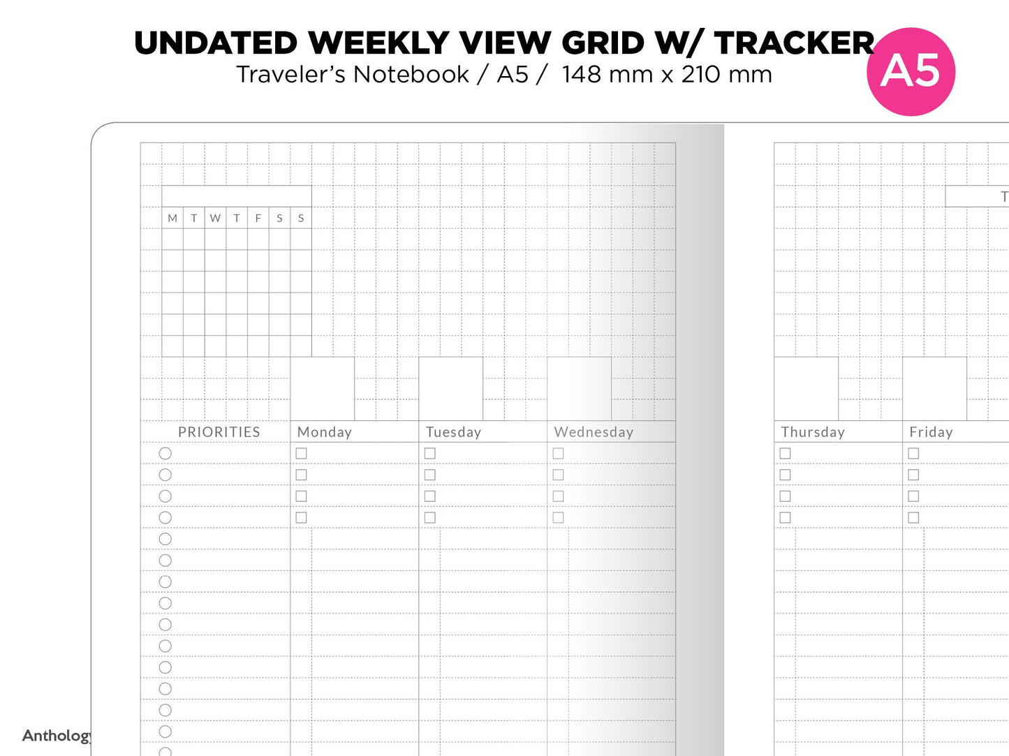 A5 WEEKLY View Vertical GRID with TRACKER undated Printable Insert Traveler's Notebook A5025