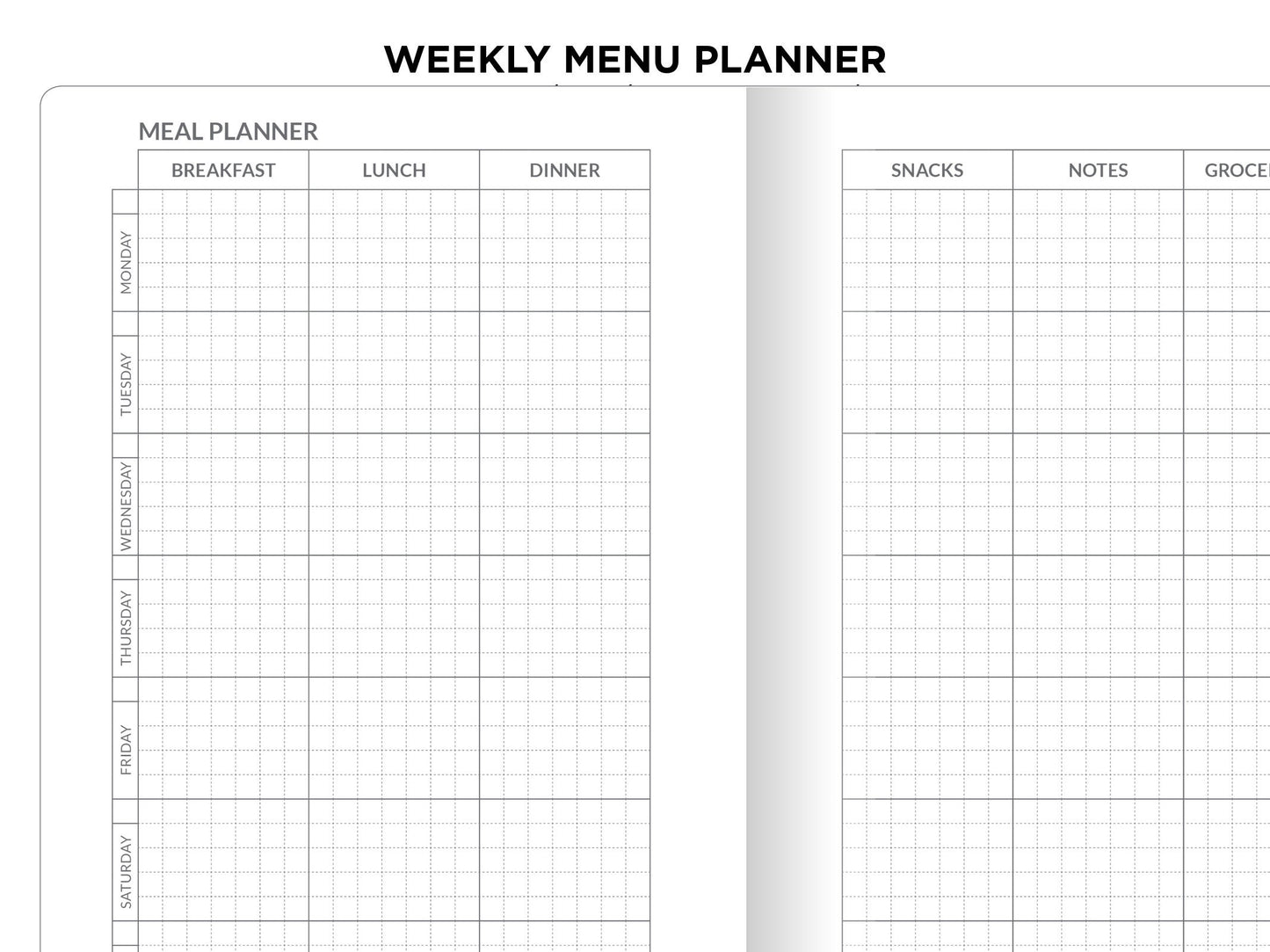 B6 TN Menu Planner Weekly Minimalist Printable Traveler's Notebook Insert GRID