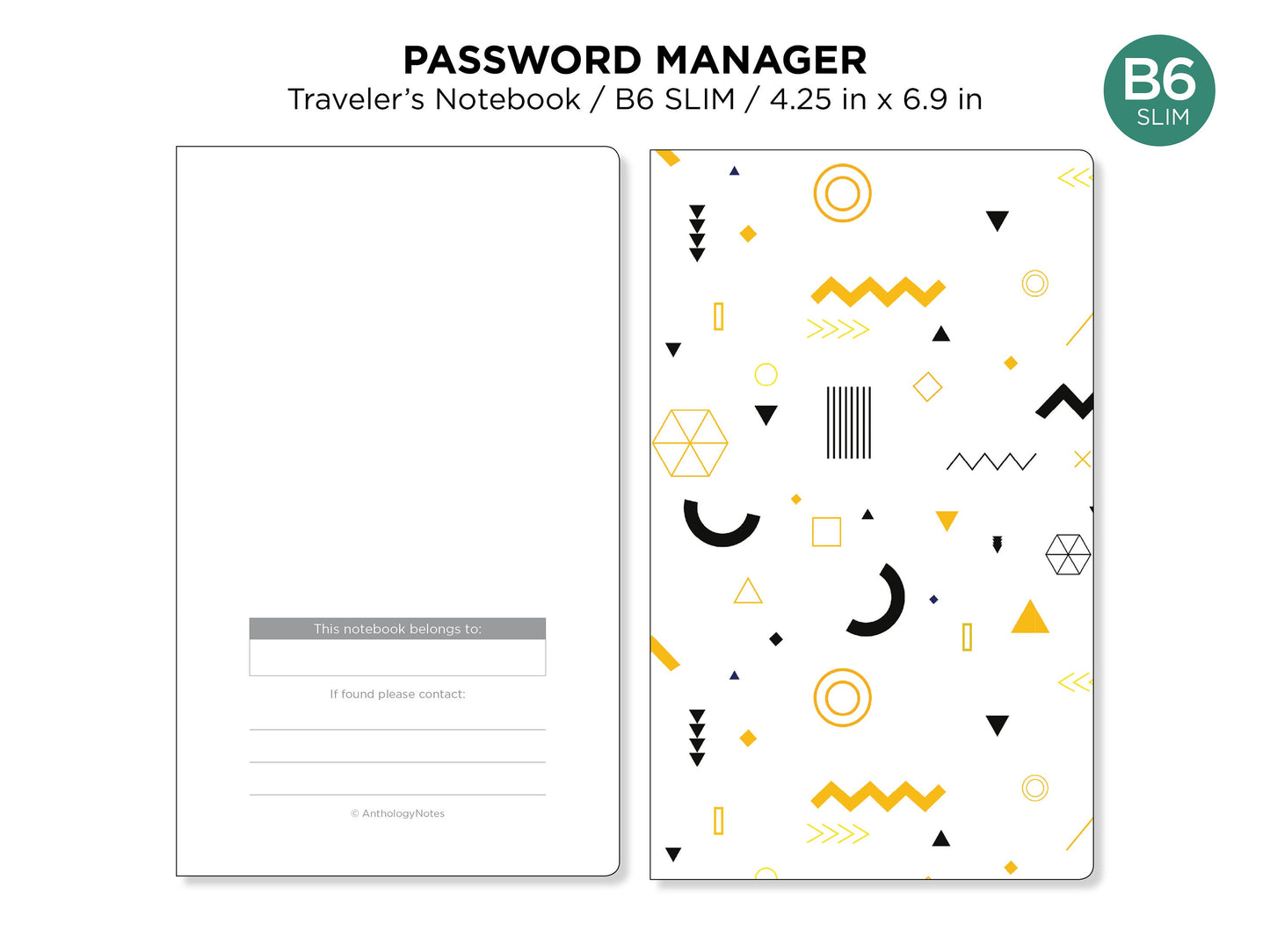 TN B6 SLIM Password Manager Printable Insert Traveler's Notebook PDF - Grid Minimalist