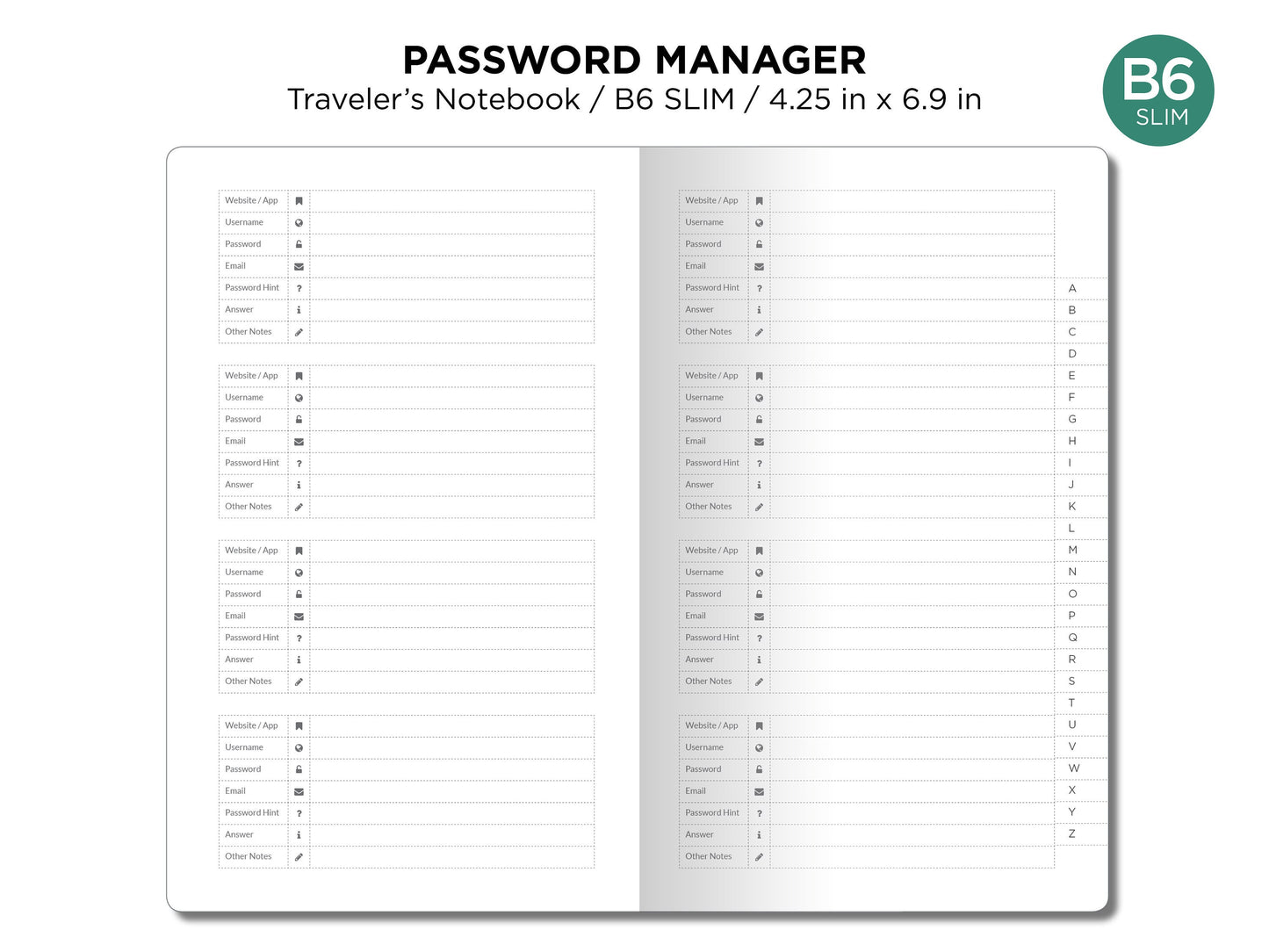 TN B6 SLIM Password Manager Printable Insert Traveler's Notebook PDF - Grid Minimalist