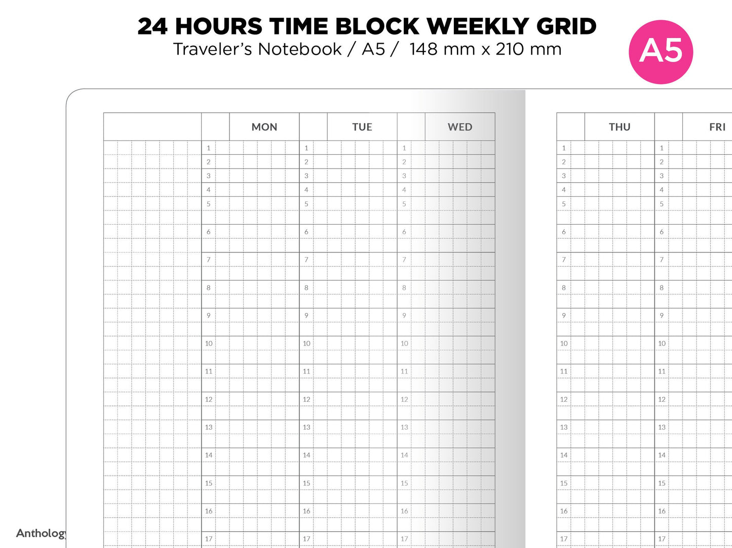 A5 TN 24 Hour TIME Block Weekly VERTICAL Grid Printable Traveler's Notebook Insert
