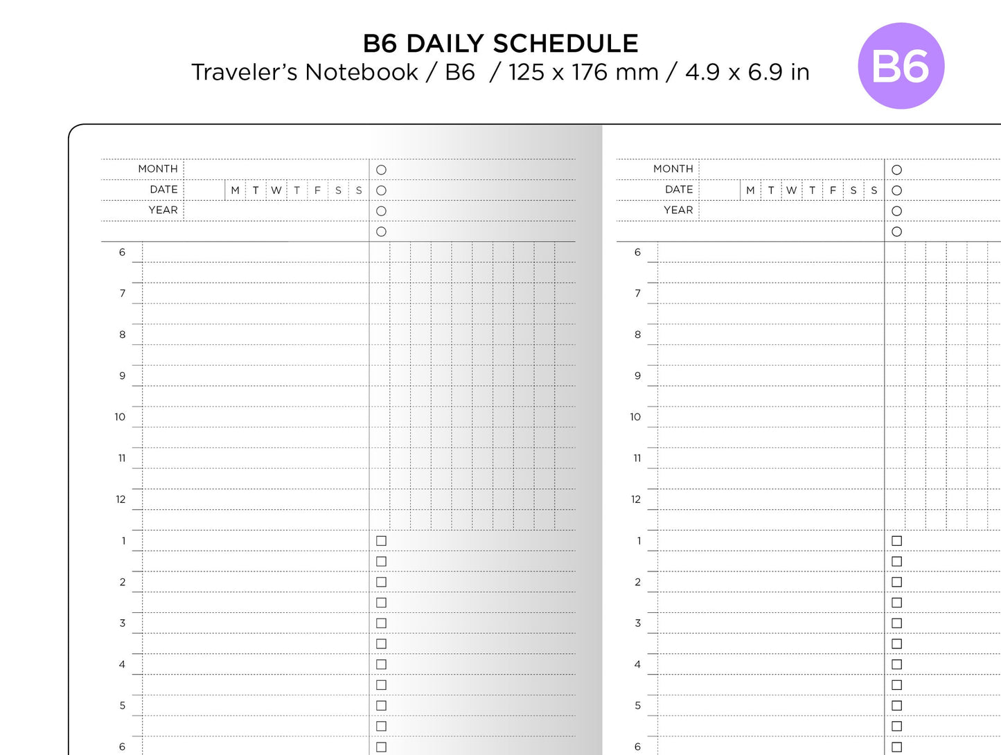 B6 DAILY View Schedule Traveler's Notebook Printable Insert - Do1P Minimalist Functional Clean