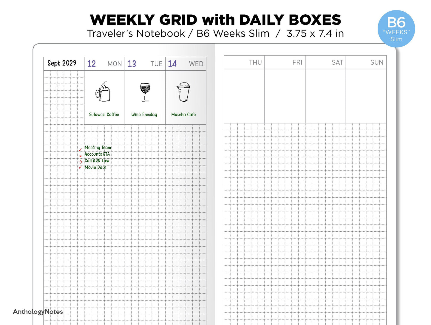TN WEEKS Slim Weekly View with Daily Boxes Traveler's Notebook Printable Insert