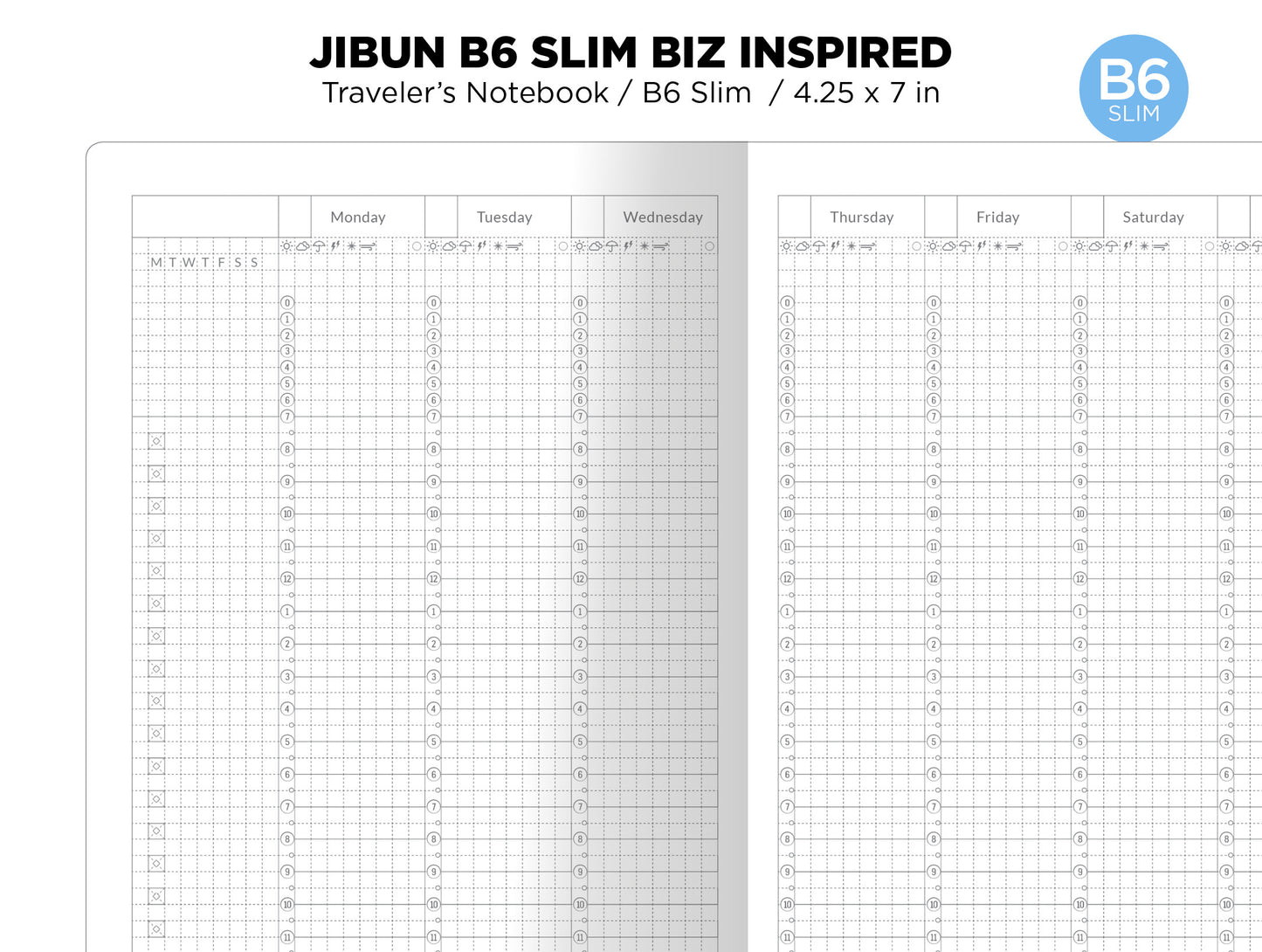 B6 Slim JIBUN Biz Weekly GRID Traveler's Notebook Vertical Japanese Planner Inspired Functional Printable Insert