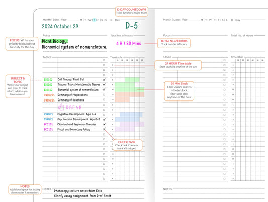 Daily STUDY Planner Timetable Printable Insert Standard Size Traveler's Notebook