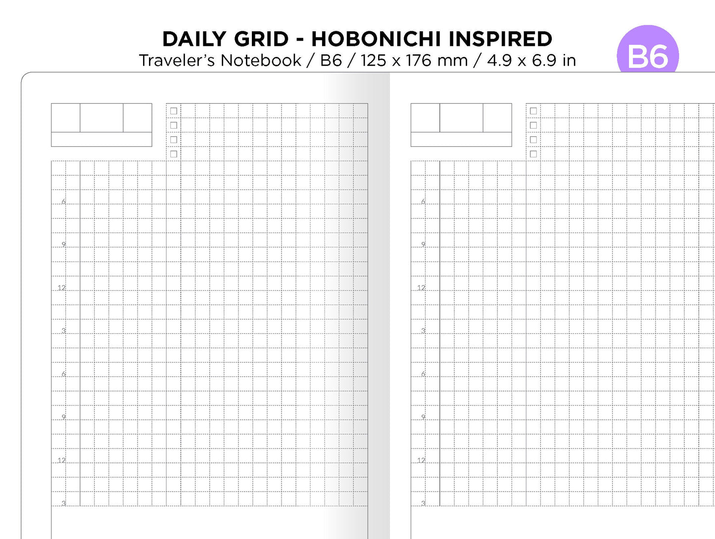B6 Daily GRID Printable TN Insert for Traveler's Notebook Hobonichi Inspired Minimalist Functional