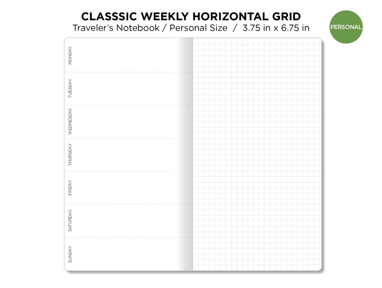 PERSONAL WEEKLY Insert Traveler's Notebook - Printable - Wo1P Horizontal - Minimalist & Functional GRID -