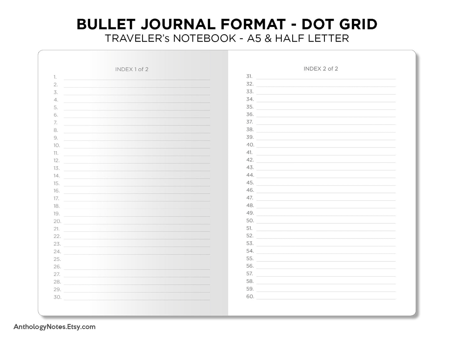 A5 & Half Letter Bullet Logging System Format DOT Grid Traveler's Notebook Printable Insert - Bu-Jo Format