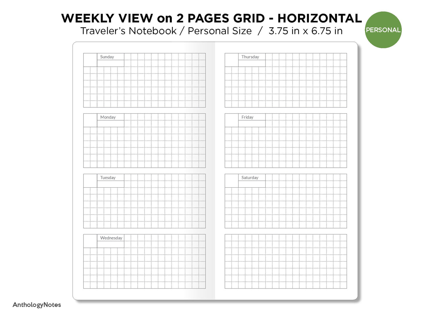 TN Personal Weekly View GRID Horizontal Printable Traveler's Notebook Insert Minimalist Functional
