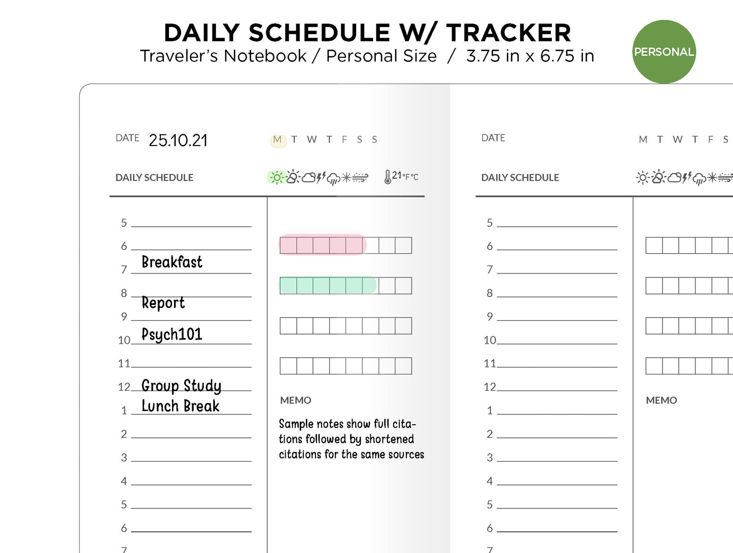 TN Personal DAILY Schedule with TRACKER Printable Insert Traveler's Notebook Minimalist