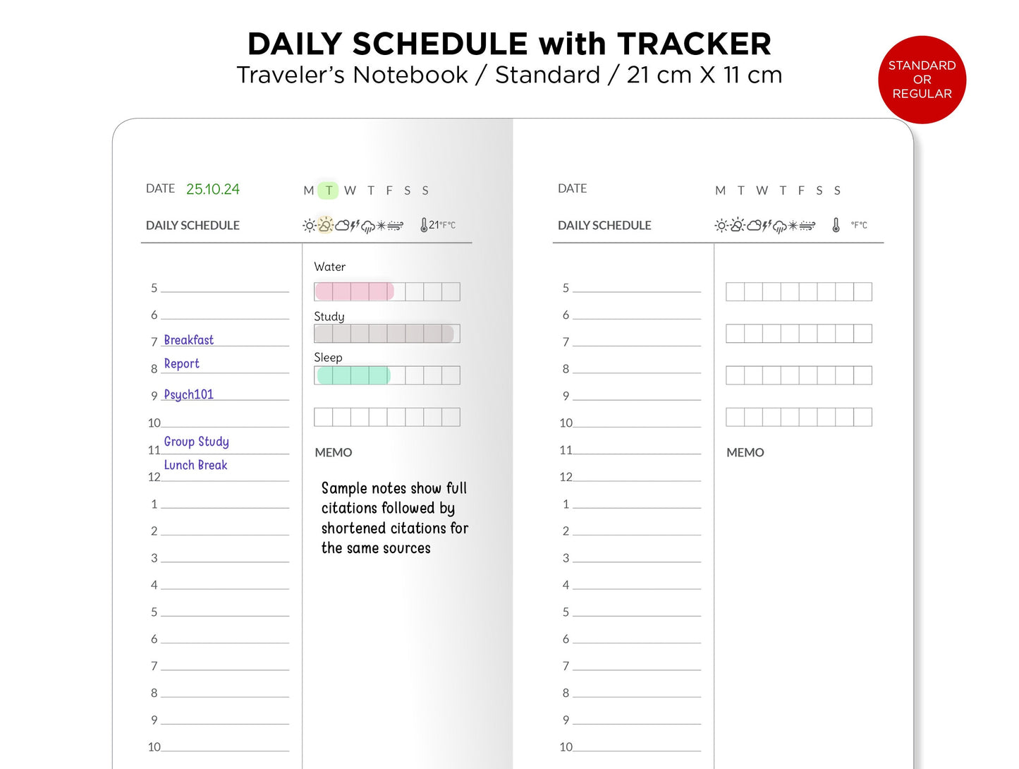 Daily SCHEDULE with TRACKER Timetable with Habit Tracker Printable Insert Traveler's Notebook