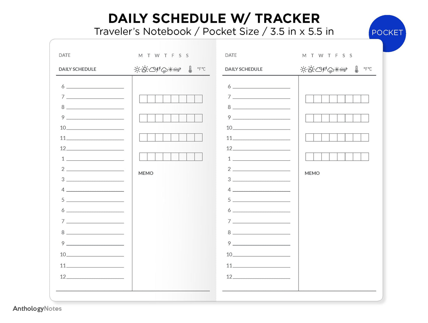 TN POCKET Daily Schedule with Tracker Printable Traveler's Notebook Insert FN027