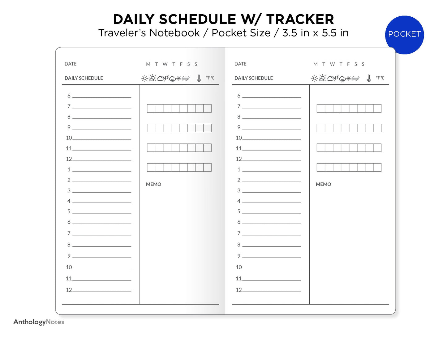 TN POCKET Daily Schedule with Tracker Printable Traveler's Notebook Insert FN027
