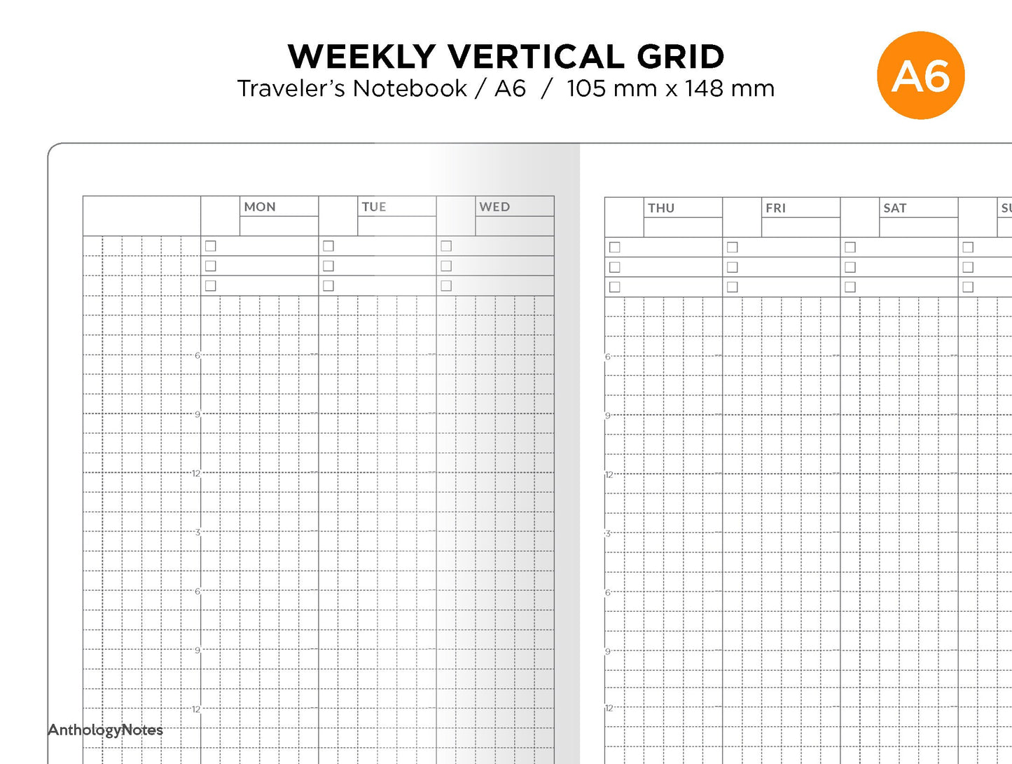 A6 Weekly Vertical Printable Grid - Traveler's Notebook - Wo2P - Hobonichi Companion Printable