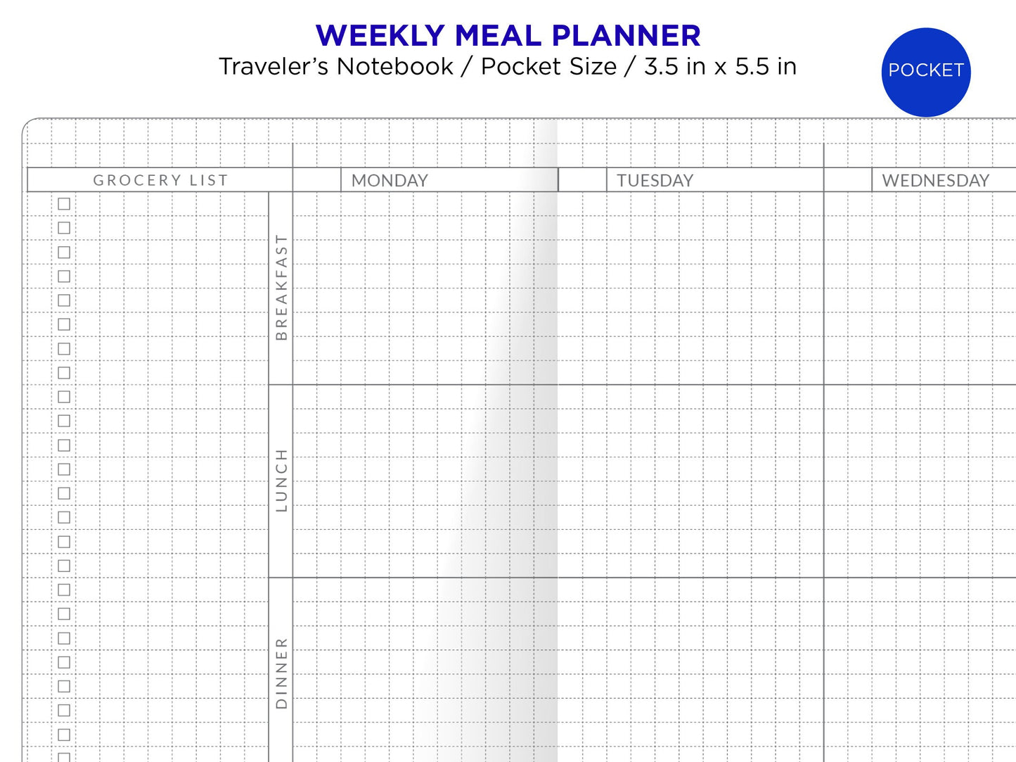 TN Pocket WEEKLY MEAL Planner Printable Traveler's Notebook Insert