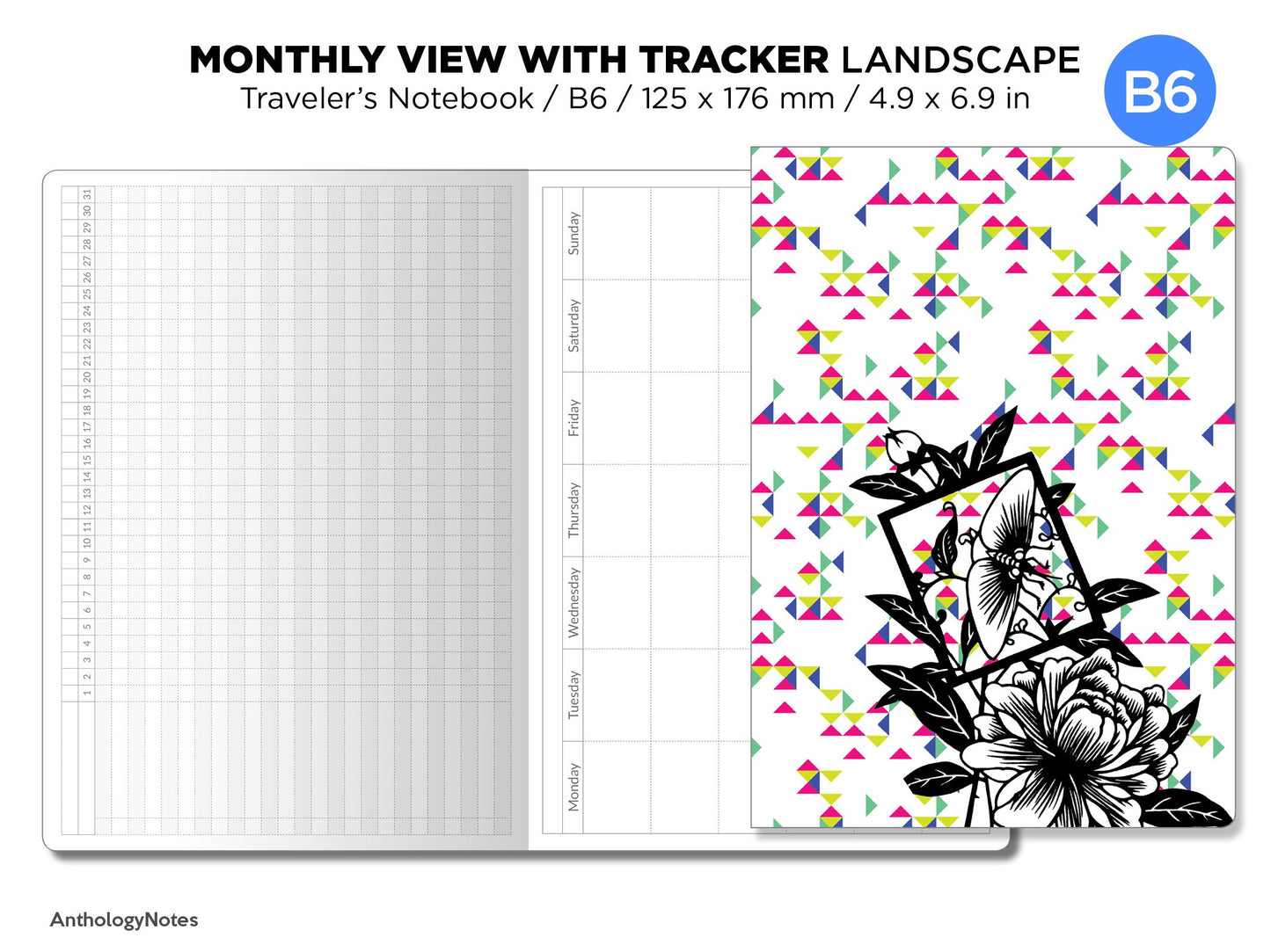 B6 Classic Monthly View TRACKER Landscape Format Traveler's Notebook Printable Insert - Minimalist