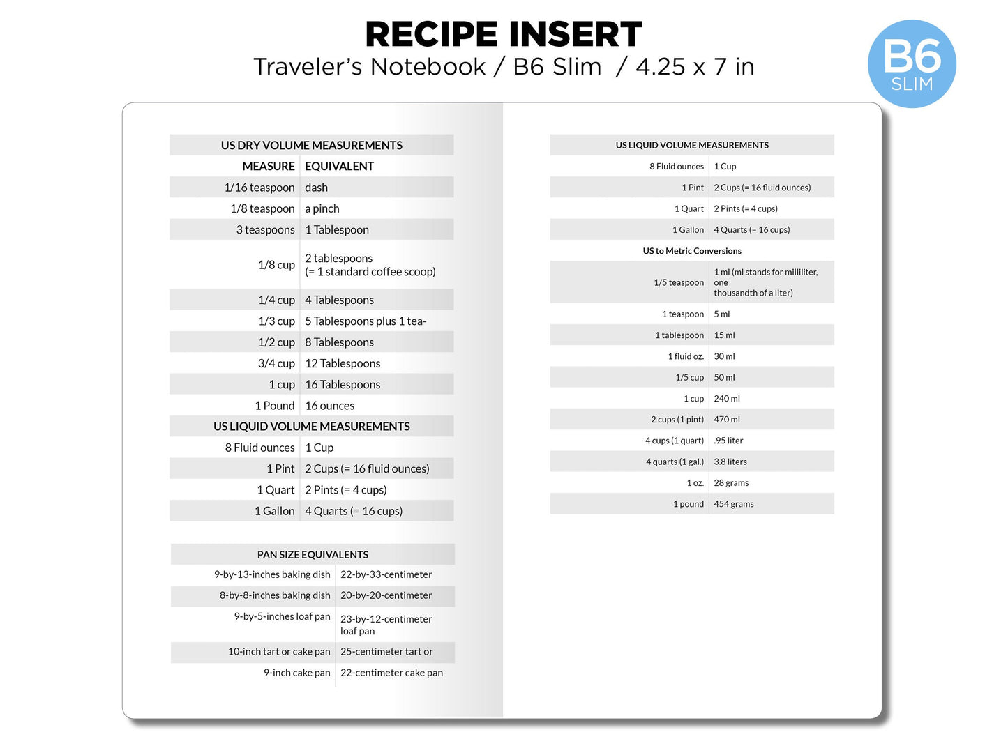 TN B6 Slim Recipe Insert Planner Printable Traveler's Notebook Insert