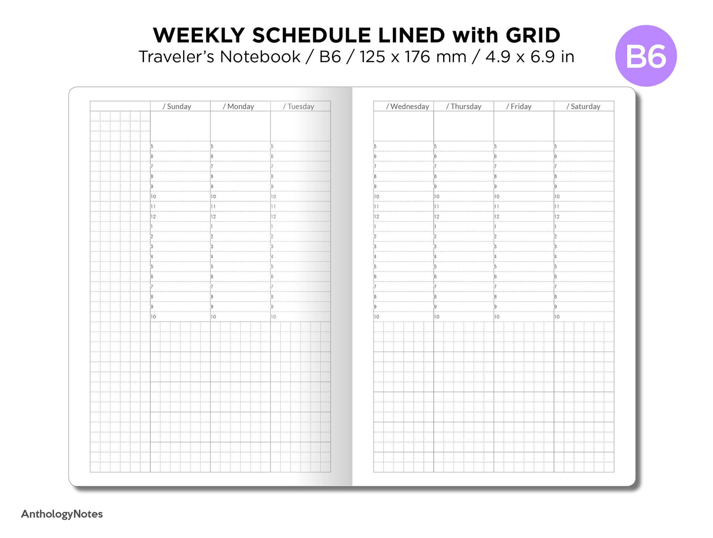 B6 Weekly Schedule Lined With GRID Printable Traveler's Notebook Insert Minimalist Functional