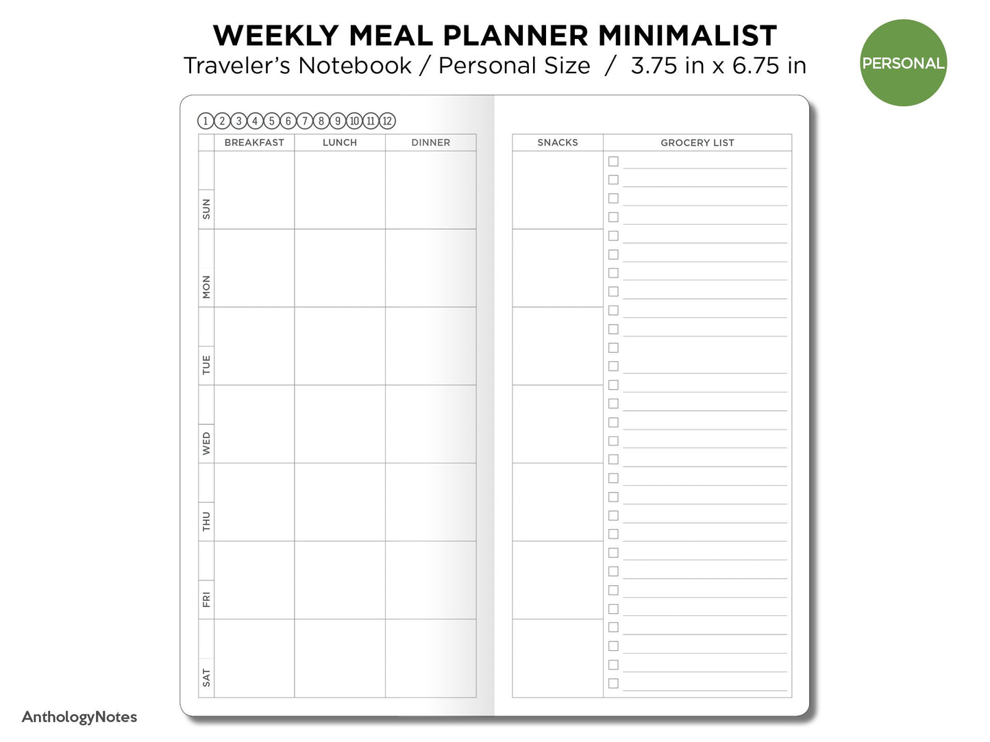 TN PERSONAL WEEKLY Meal Planner Traveler's Notebook - Printable Refill Insert