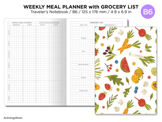 Weekly MENU Planner with GROCERY List TN B6 Printable Traveler's Notebook Insert