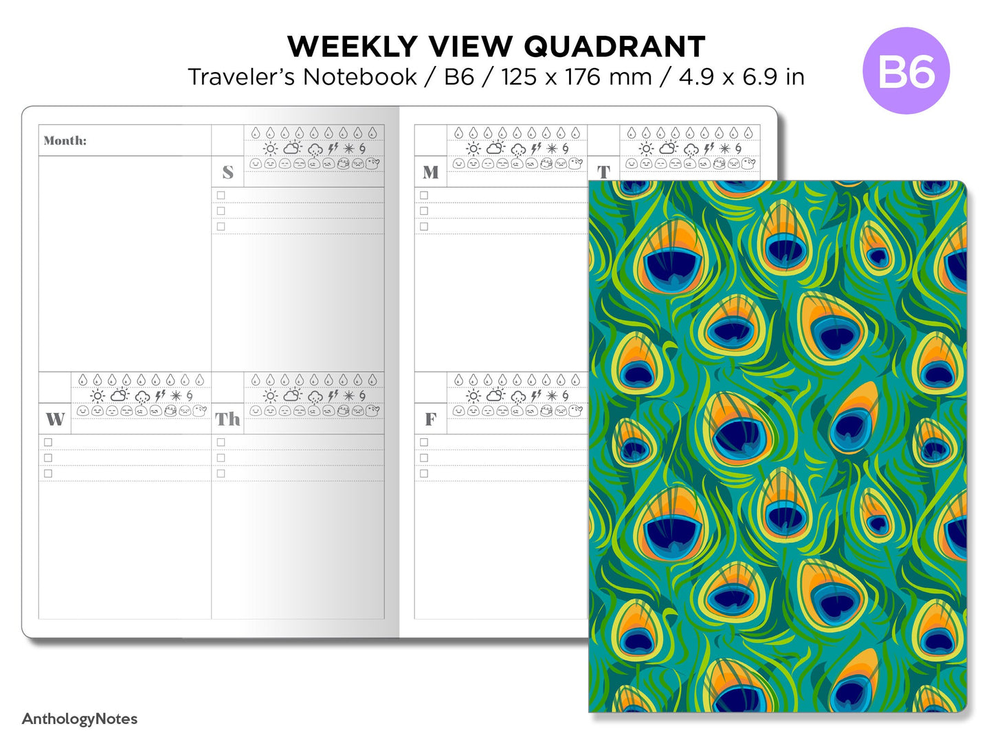 B6 Weekly Traveler's Notebook Mood, Weather and Water tracker Vertical Quadrant Layout