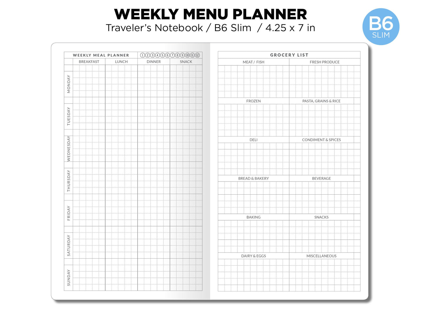 TN B6 SLIM MENU Planner with Grocery List Printable Traveler's Notebook Insert