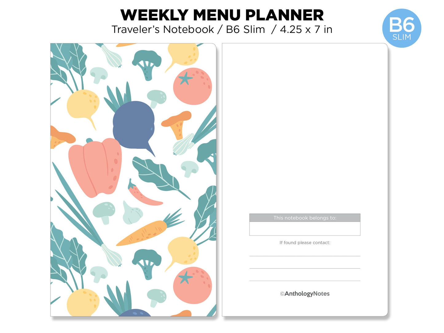 TN B6 SLIM MENU Planner with Grocery List Printable Traveler's Notebook Insert