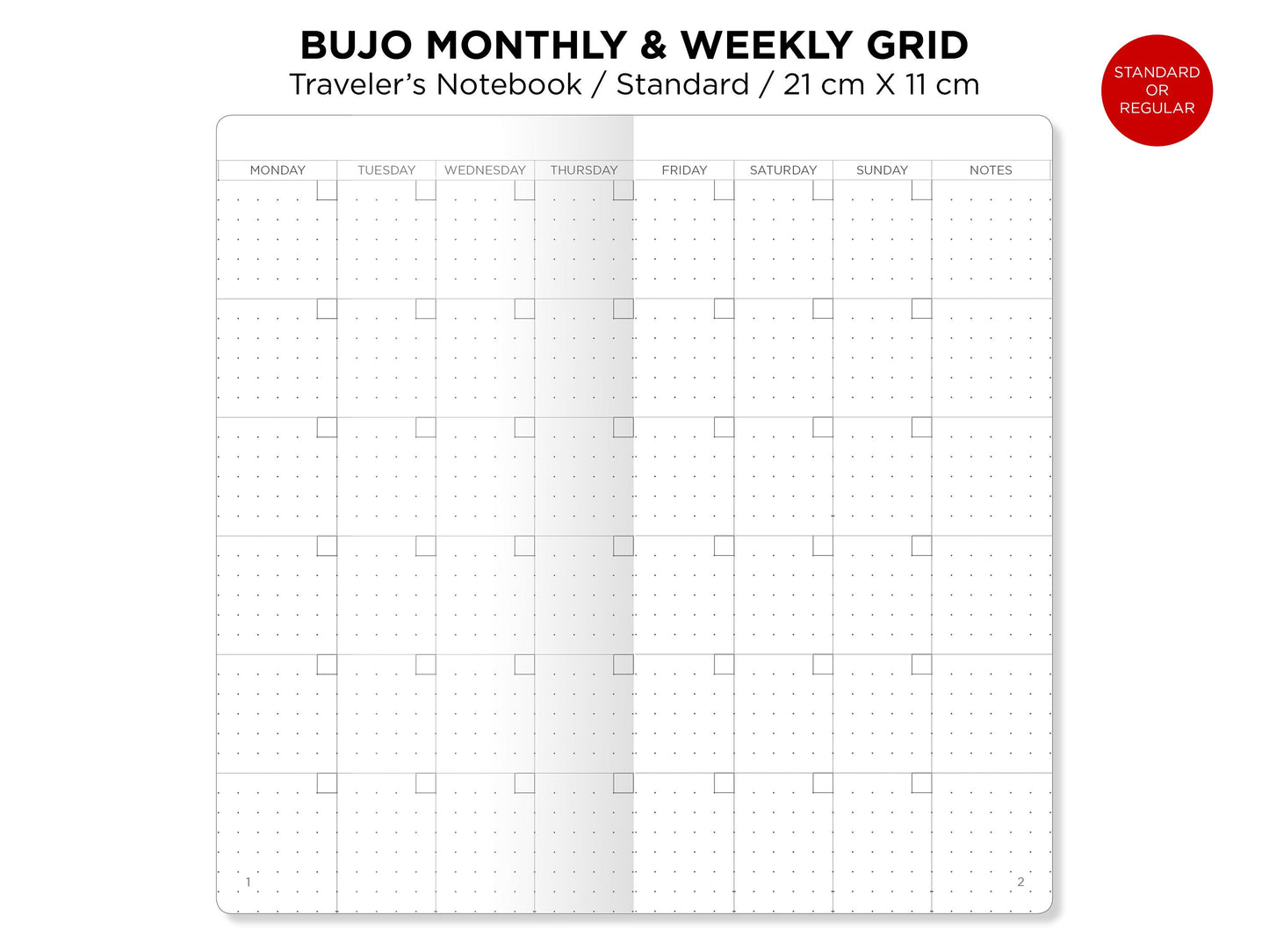 Bu JO DOT GRID Monthly & Weekly Printable Insert - Traveler's Notebook - Standard Size