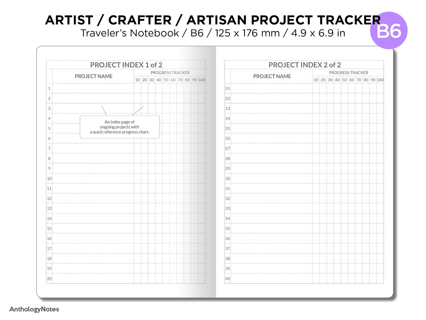 B6 Maker's PROJECT TRACKER for Artists Crafters Artisans Traveler's Notebook Printable Insert