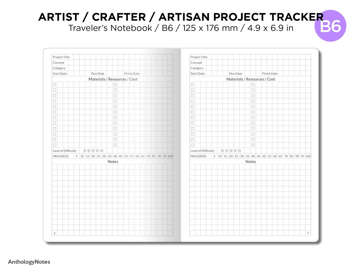 B6 Maker's PROJECT TRACKER for Artists Crafters Artisans Traveler's Notebook Printable Insert