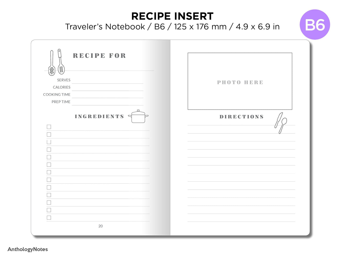 TN B6 Recipe Insert for Traveler's Notebook Printable Planner Insert