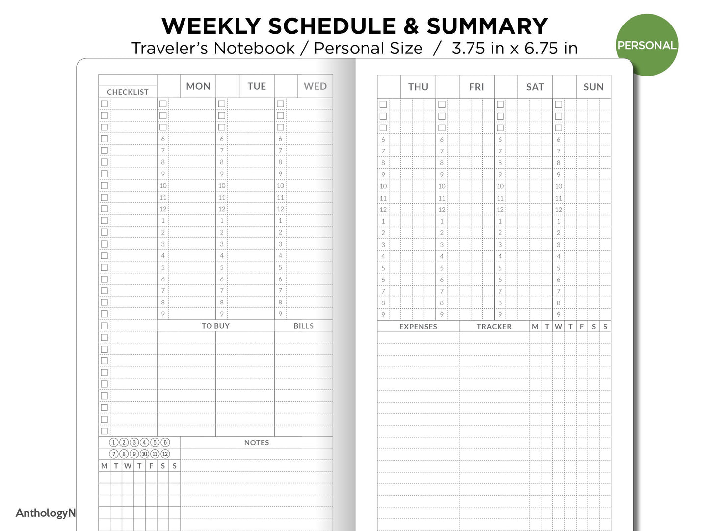 TN Personal Size Weekly Schedule and Summary Printable Insert Traveler's Notebook