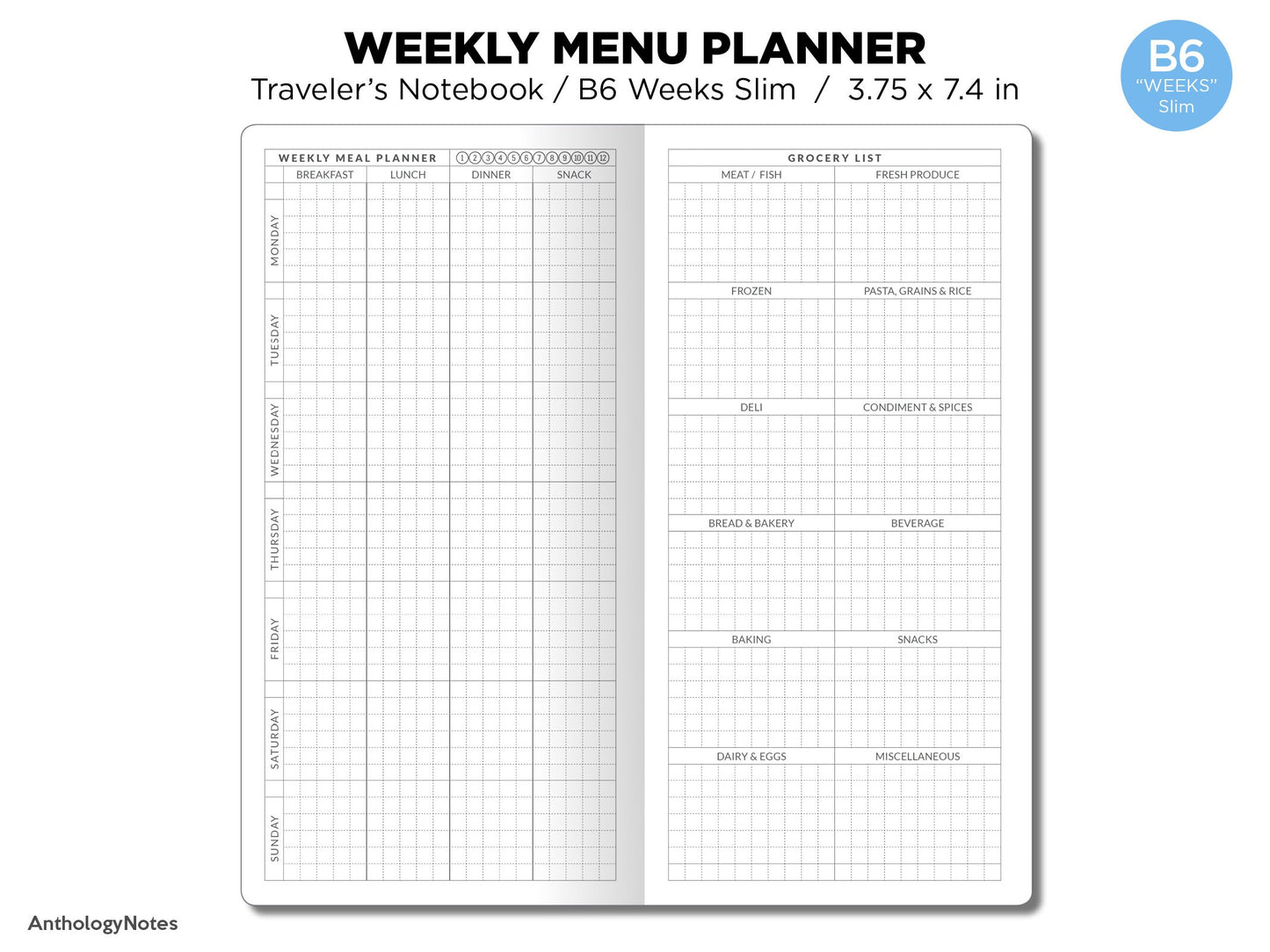 TN WEEKS Weekly MEAL Planner with  Grocery List Section Printable Traveler's Notebook Insert