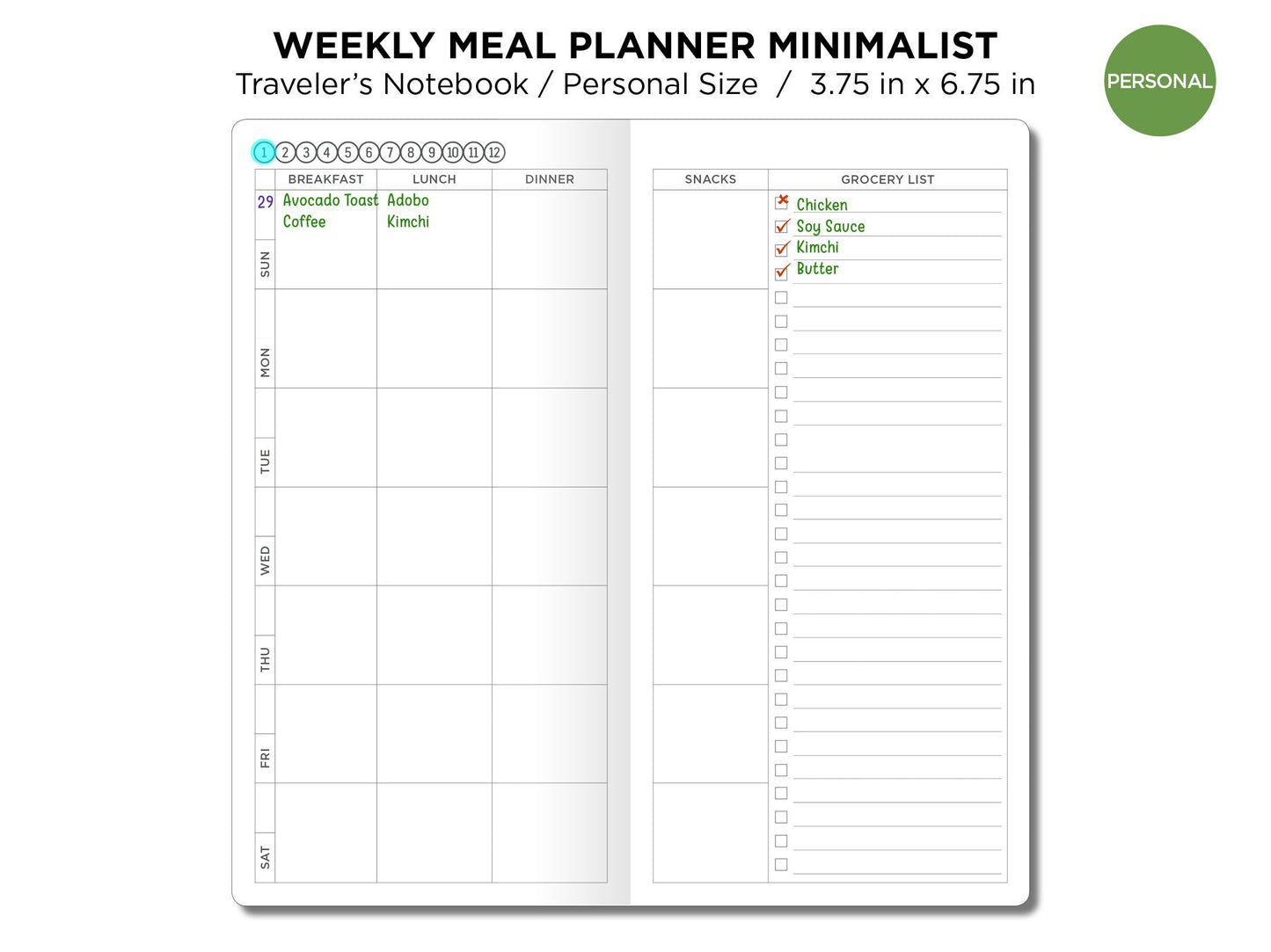 TN PERSONAL WEEKLY Meal Planner Traveler's Notebook - Printable Refill Insert
